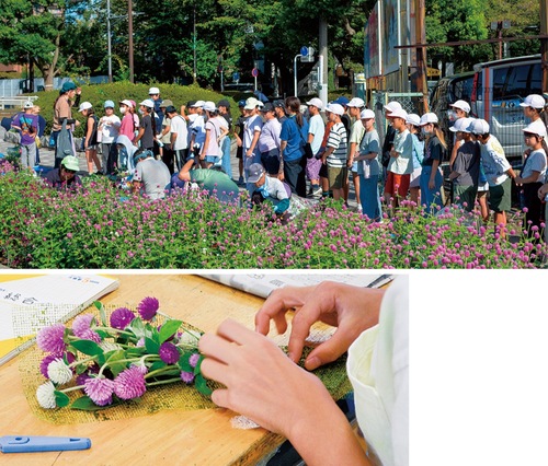 警察署前の千日紅を観察する児童（写真上）、スワッグ作り（写真下）