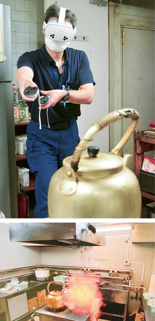 専用のゴーグルを被り手にしたコントローラーで消火する（上）・ゴーグル内には実際の現場に火の手が上がった映像が映し出され（下）、仮想の消火器で火を消す