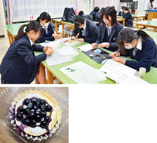 ＰＲ用の素材を制作する生徒（上）と生徒考案のブルーベリーパン（下）