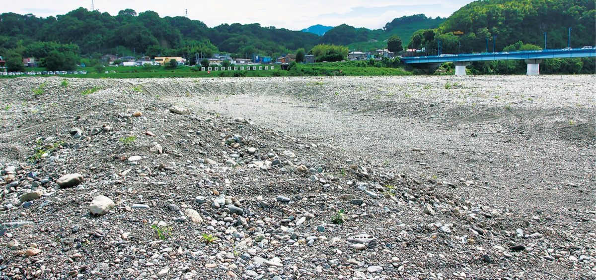 土が隆起した高田橋下流の河川敷＝10日撮影