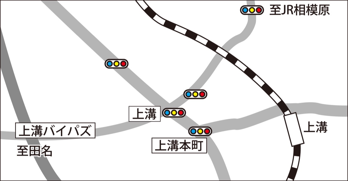朝夕、渋滞が見られる上溝交差点付近のマップ