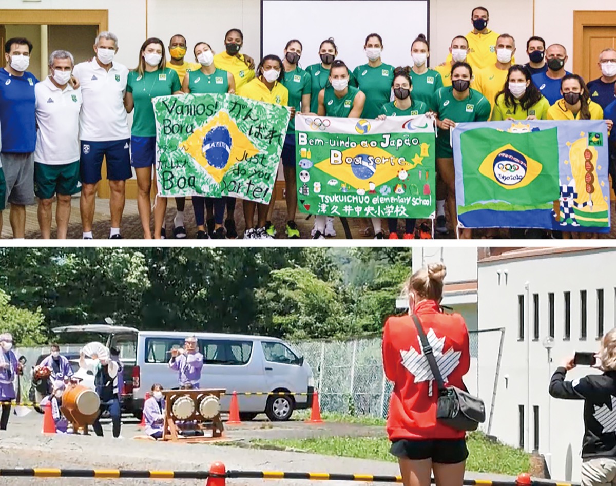 （上）大野台中央小・津久井中央小・上鶴間中が製作した応援旗を手にするブラジル選手団（下）保存会の囃子の演奏を撮影するカナダ選手たち＝相模原市提供