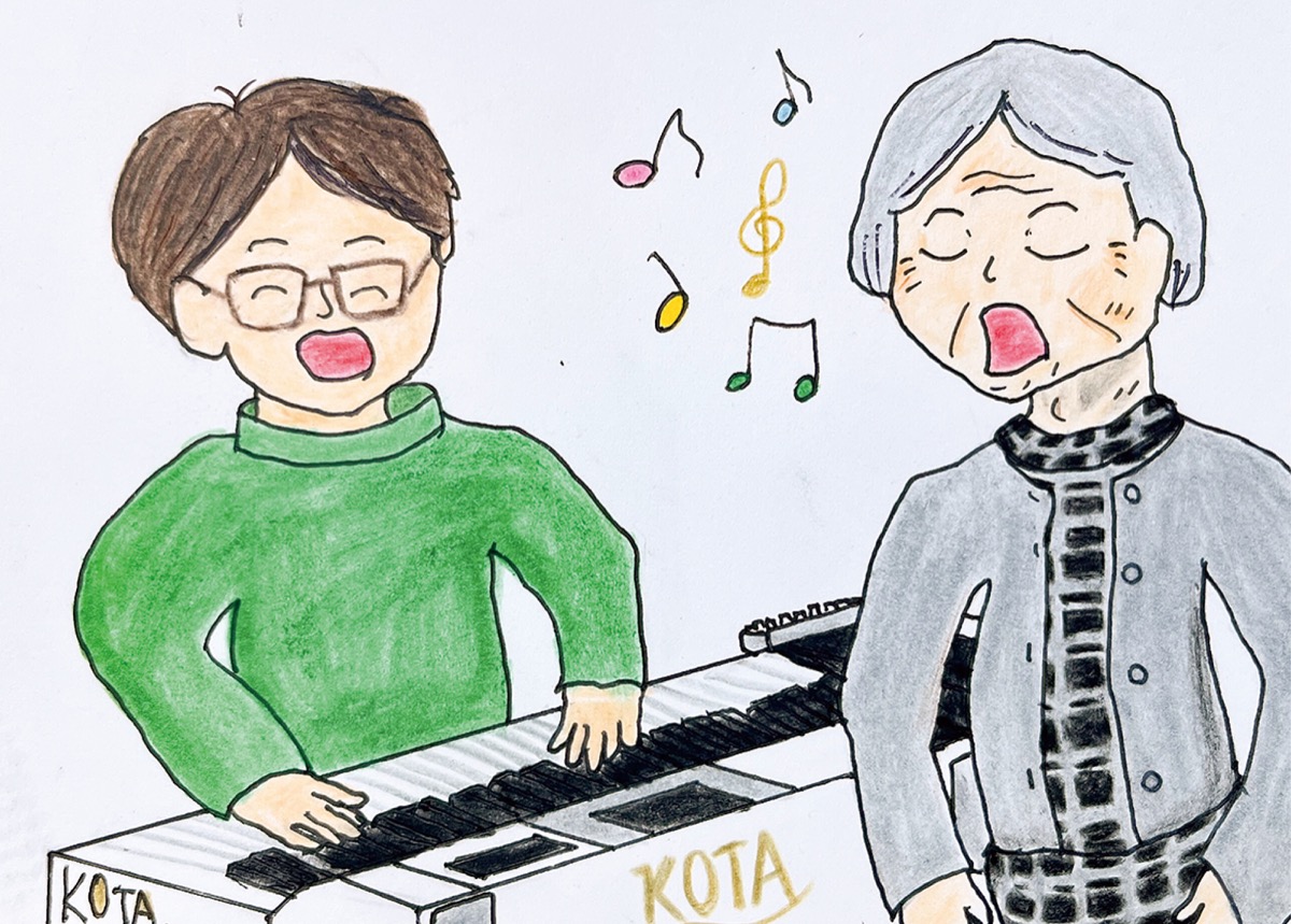 秀逸の句「昭和歌謡　祖母はボーカル　ぼくピアノ」をイメージした、前田さんの絵