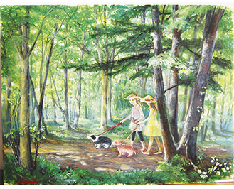 こちらの作品は南区西大沼在住の画家・坂西清子さんによるもの。坂西さんはこの森の近くの自邸を「木もれ日の森 水彩画美術館」として開放し、自ら描いた森の風景などを展示している（入館料５００円）。この油絵『しあわせのとき』は一年近くをかけ制作した、50号の大作。「人が喜んでいる様子、自然との一体感を表現しました」と、坂西さん。美術館では絵画教室も開いている。問【電話】０４２・７４８・６００６
