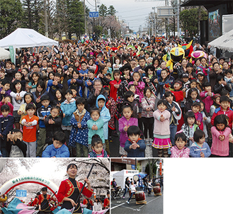 約1000人以上が通りを埋め尽くした「恋チュン」撮影会（上）まつりのスタートを飾ったパレード（左下）各所でさまざまな催し物が行われ、まつりに彩りを添えた＝5日、6日撮影