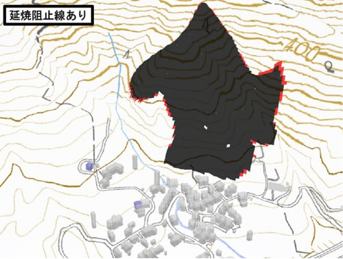 相模原市の延焼シミュレーターで延焼阻止線を設置した場合の出火後12時間の予想（市提供）