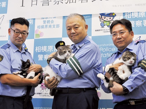 伊東署長と１日署長の「もこ」（中央）