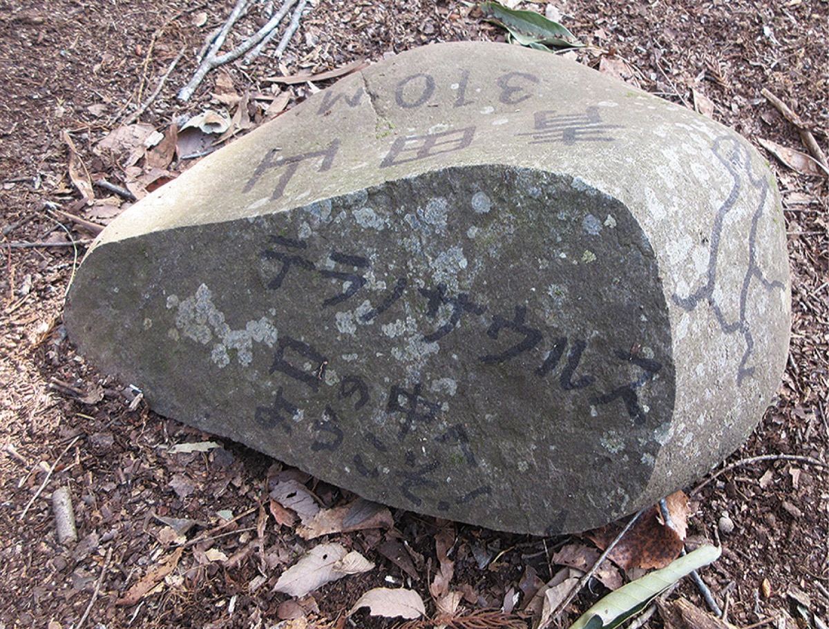 青田山山頂にあった石に書かれたメッセージ｢口の中へようこそ｣＝佐藤さん提供