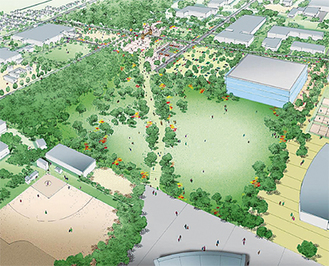 ［淵野辺公園側のＹゾーン］右上の建物に、複合施設で市民が利用できる武道館や体育館などの新設が予定されている