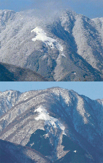 ４日雪崩前（上）と６日雪崩後（下）に撮影された「丹沢の白馬」