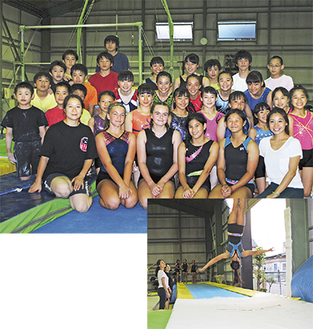㊤シンガポールの女子学生（前列）とジョイスポーツの子どもたち㊦タンブリングトランポリンを使っての床運動練習