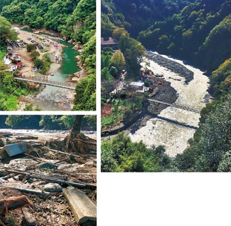被害前のキャンプ場(左上)、被害後のキャンプ場(右)、台風後は土砂やがれきでいっぱいだった(左下)＝写真は野呂キャンプ場提供