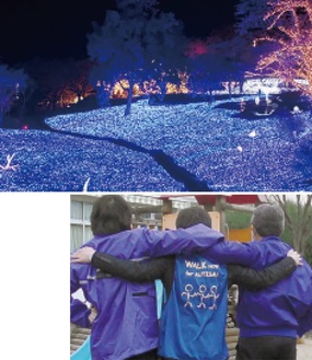 （上）さがみ湖プレジャーフォレストで行われるブルーライトアップイベント（下）青に関係した写真の参考例＝相模原市提供