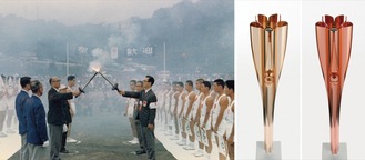 (左)１９６４年東京オリンピックでの聖火リレーの引き継ぎ(中)東京２０２０オリンピックのトーチ(右)東京２０２０パラリンピックのトーチ＝Photo by Tokyo ２０２０