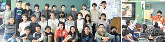 笑顔の児童と青山さん(左)クイズも交えた特別授業(右)