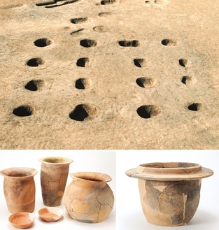 （上）田名塩田原遺跡掘立柱建物跡、（右下）羽釜、（左下）奈良時代の土師器＝写真提供：相模原市立博物館