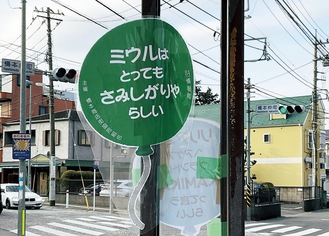 橋本仲町交差点に掲示されているポップ。緑区のイメージキャラクターミウルのプチ情報なども掲出されている