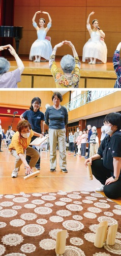 バレエ体操（上）、モルック競技の様子