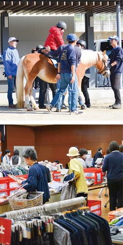 元気にポニーに乗馬（上）、10月には体育館が「しまむら」に