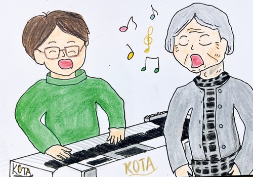 秀逸の句「昭和歌謡　祖母はボーカル　ぼくピアノ」をイメージした、前田さんの絵