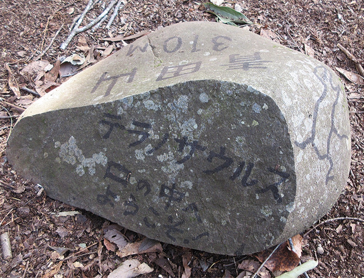 青田山山頂にあった石に書かれたメッセージ「口の中へようこそ」（佐藤さん提供写真）