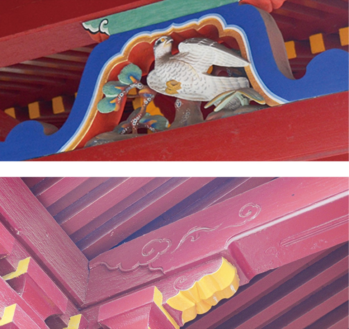 蟇股の鳥の彫物（上）、向拝の直材の虹梁（下）