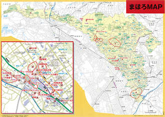 三浦しをんさんの小説内に登場する町田市をモデルにした架空の町「まほろ市」。実際の町田市の地図に対応する形となっている。