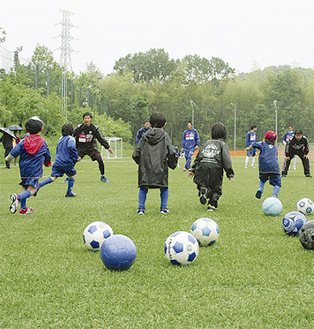 新しくなった小野路公園グランドで行なわれたサッカー教室（５月29日・ZELVIA撮影）あいにくの雨の中だったが、子どもたちも喜んでいた。