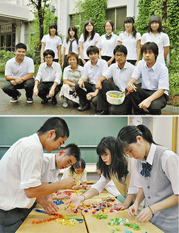 成瀬高校ボランティア部メンバー（上）、千羽鶴を作る鶴川中学校生徒