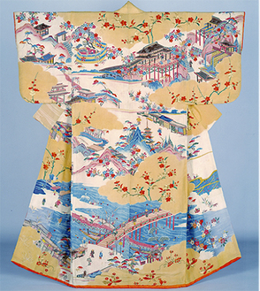「京名所模様小袖」（後期展示）（きょうめいしょもようこそで）日本 江戸時代中期　18世紀身丈149.5cm×裄65.0cm所蔵　国立歴史民俗博物館
