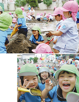 園庭での『砂遊び』『泥んこ遊び』は子どもたちの一番人気（６月26日撮影）