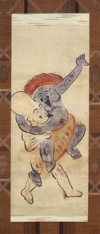 大津絵「大黒・外法の相撲」（江戸時代）＝大黒と外法（福禄寿）が描かれている。※こちらは町田市立博物館の所蔵品なので、町田でお留守番をしていました。