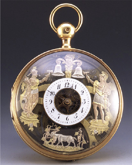 からくり付クォーターリピーター付懐中時計1820年頃　スイス町田市立博物館蔵「山羊のパネルが横にずれると…」