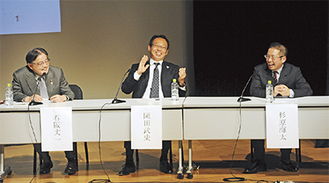 ディスカッションする石阪丈一市長（左）と岡田武史氏（中央）、杉原海太氏