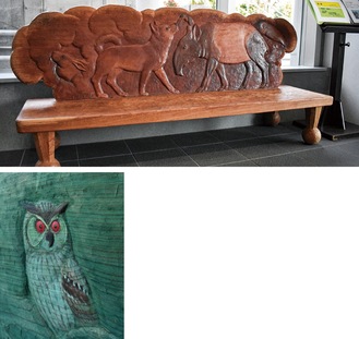 玉川学園町内会から寄贈されたベンチ(上)／背面のミミズク