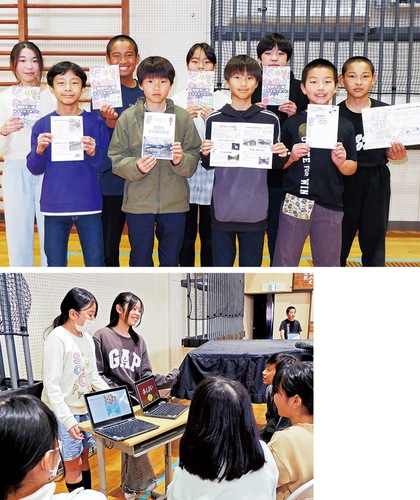 藤の台小の6年生ら（上）体育館で同級生や５年生に向けて行った発表（下）