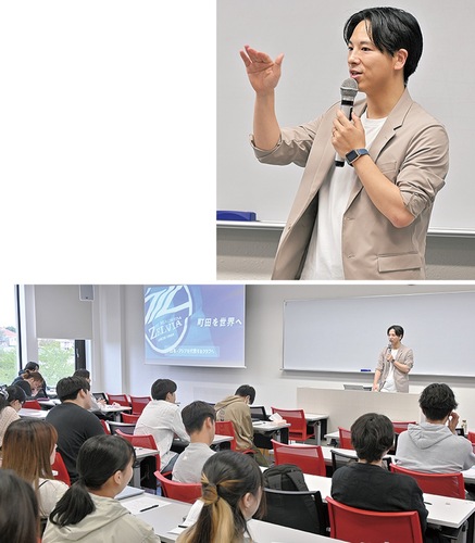 学生に語りかける上田氏＝上写真＝、経営者の言葉に耳を傾けた学生たち