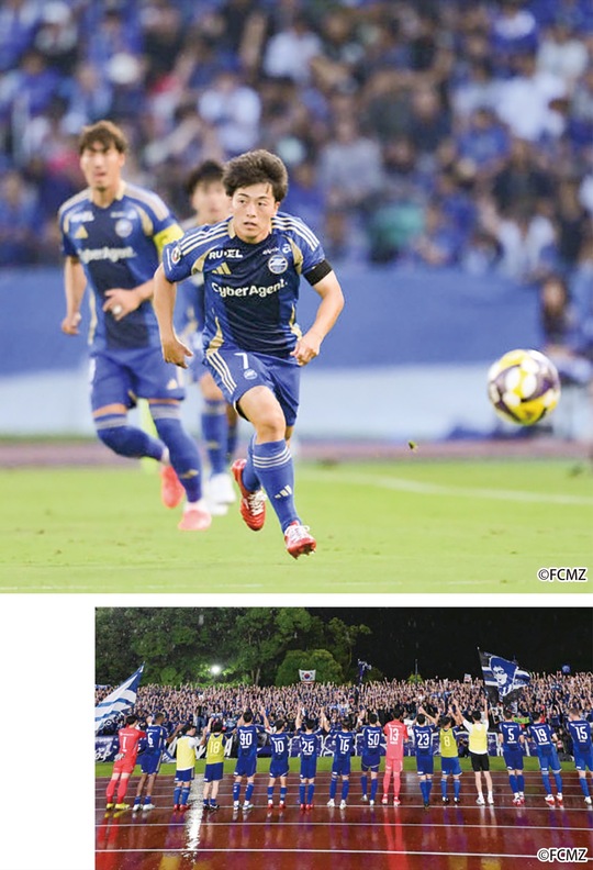 連勝の原動力となっている相馬選手（上写真）、雨天のなか、声援を送るサポーター