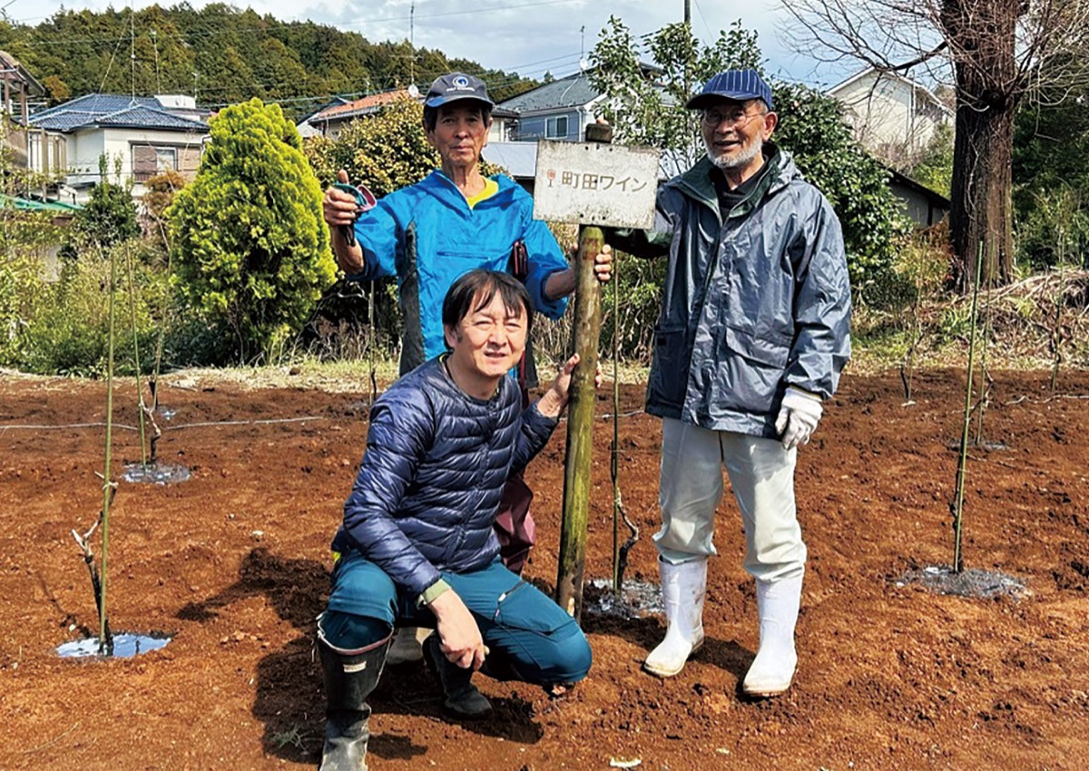 移転したブドウ畑に立つ渡辺さん＝中央＝ら