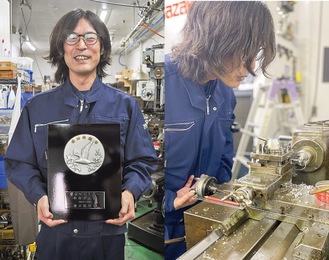 東京マイスターの盾を持ち喜ぶ小池さん（左）／切削（せっさく）の作業をする様子。なお製造業では珍しいという「ロン毛」は「個性を重視」してとのこと