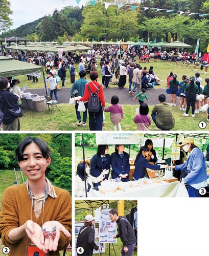 【1】多くの人出で賑わう会場【2】アサギマダラみくじを手にする浅見さん【3】手作り品を販売する四谷中生【4】北原トータルライフサポート倶楽部による健康チェック