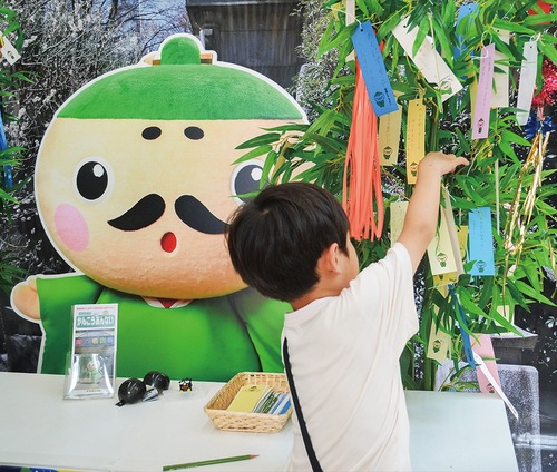 「かんこうさん」の笹飾りに願いを書いた短冊を吊るした