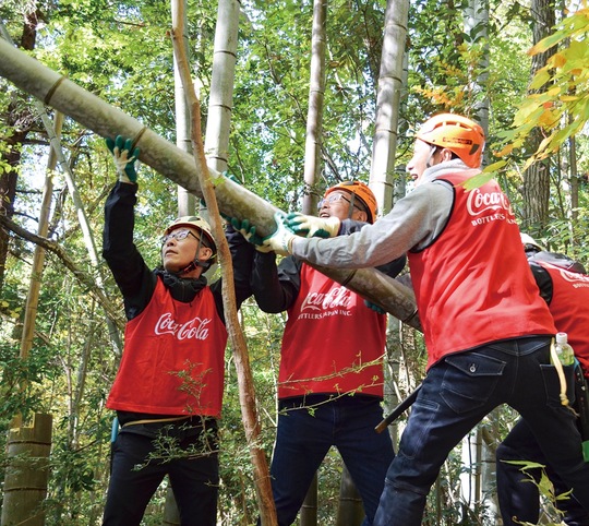 里山で竹の間伐に取り組む参加者