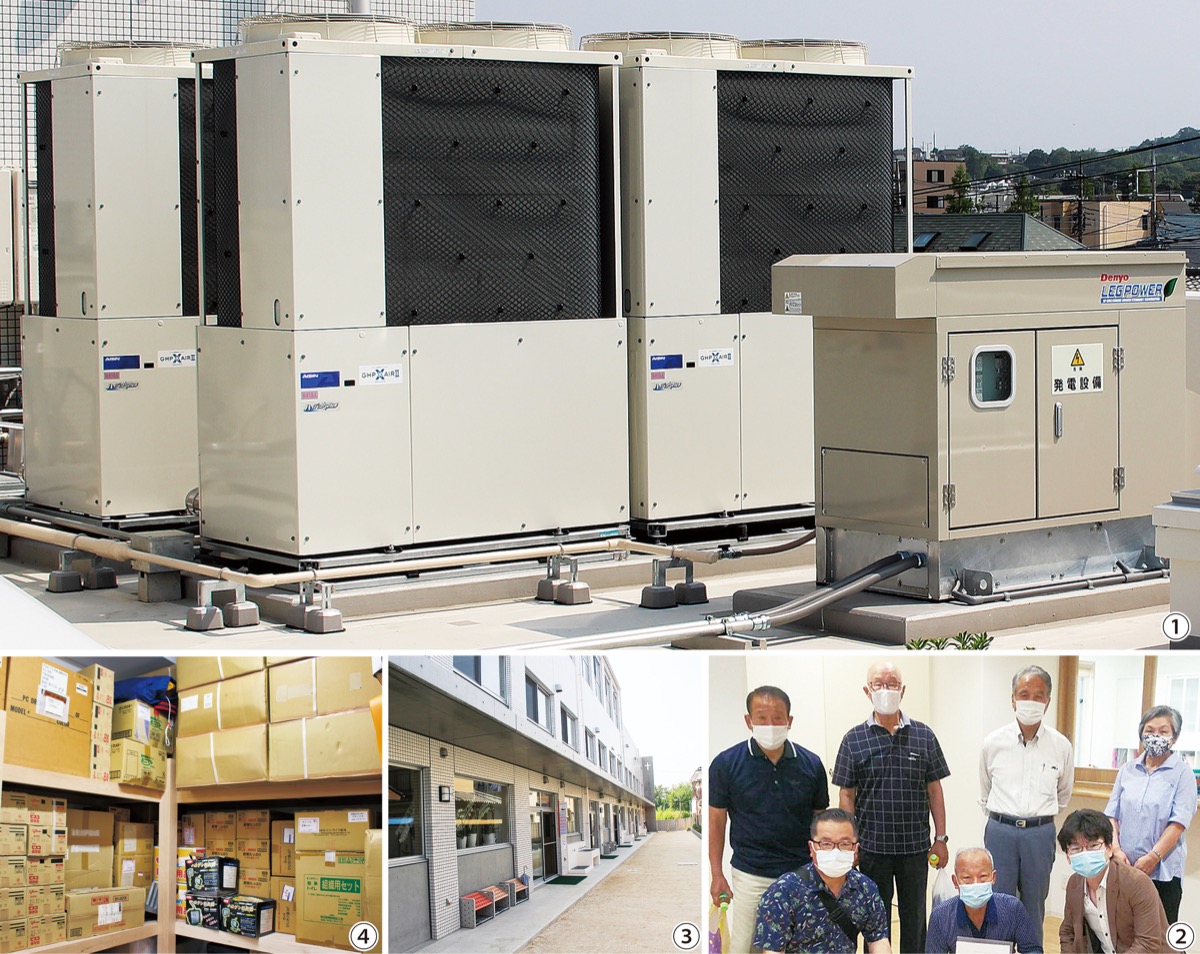 【1】幼稚園の屋上に設置された「災害対応型ＬＰガスバルク供給システム」【2】先ごろ見学に訪れたという「並木町１丁目町会」の住民（前方右は鈴木園長）【3】耐震強化され新設された鉄筋コンクリートづくりの園舎。地域の避難所としての役割も担うことになった【4】園内には園児らのための非常食が備えられている