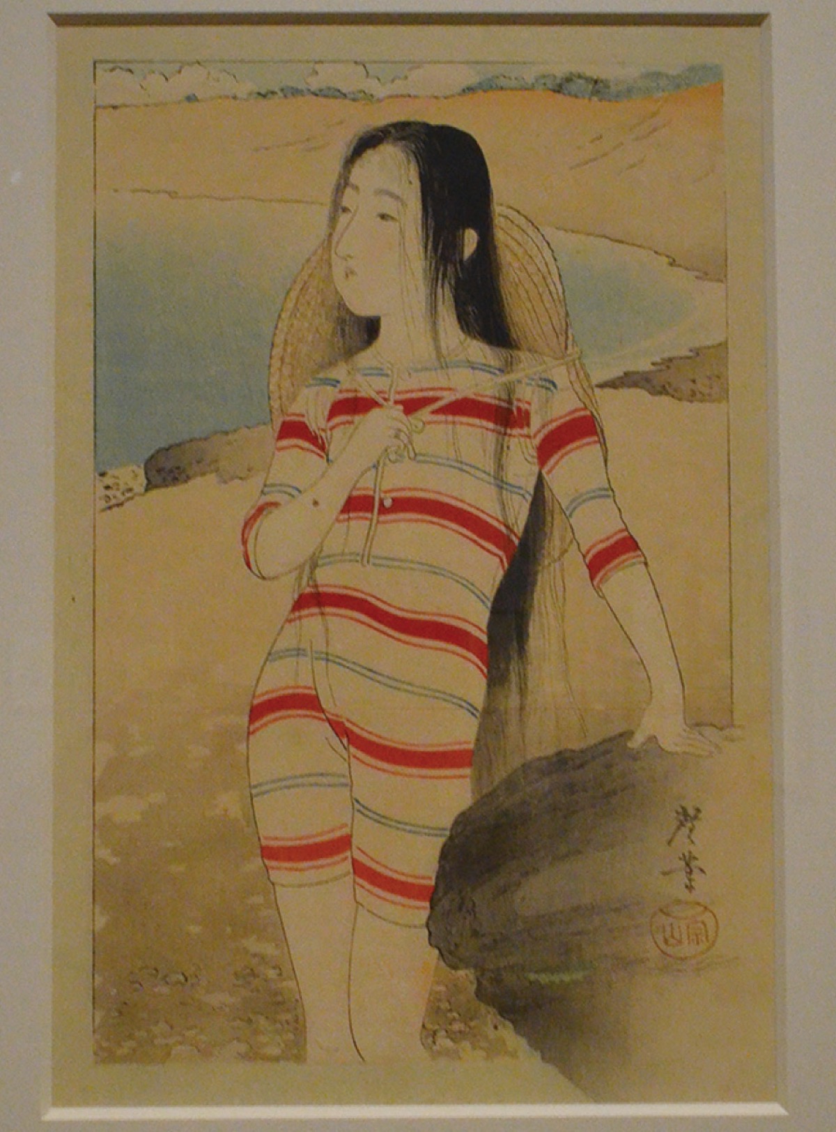 珍しい「海水着」を着用した作品も(寺崎広業『美人の海水浴』)