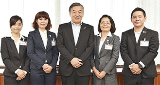 （左から）加藤さん、本城さん、阿部市長、柳原さん、石川さん