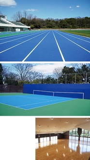 （写真上）青色のウレタントラックに変わった陸上競技場（写真中）人工芝になったテニスコート（写真下）空調が新設された武道館