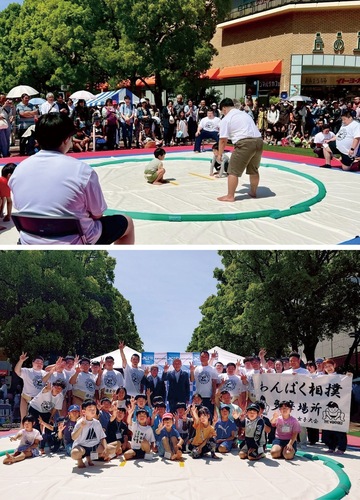 多摩センターに土俵を設置（上）、笑顔の参加者と多摩ＪＣメンバーら＝多摩ＪＣ提供