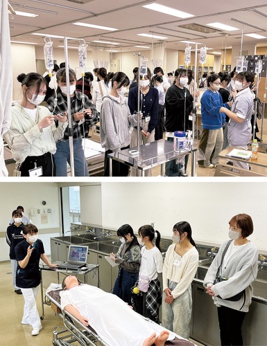 点滴の体験をする参加者（上）、呼吸音の違いを学ぶ講習