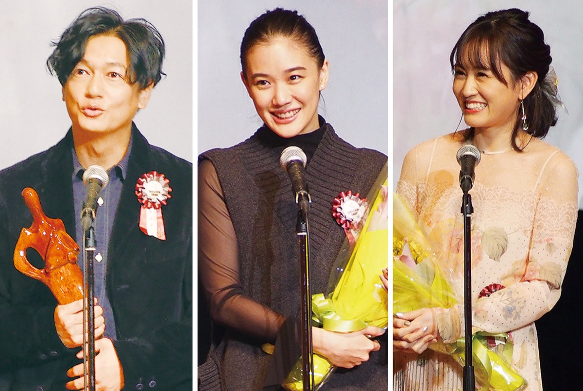 （左から）最優秀男優賞に選ばれた井浦新さん、最優秀女優賞に選ばれた蒼井優さん、前田敦子さん